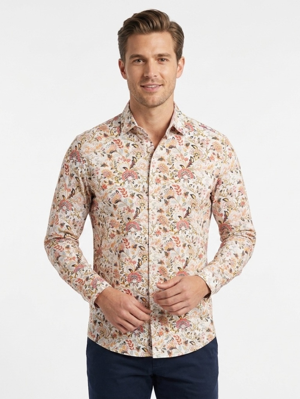 C-LAB NYC Slim Fit Floral Dress Shirt | 4-Way Stretch Performance | Size M 15.5